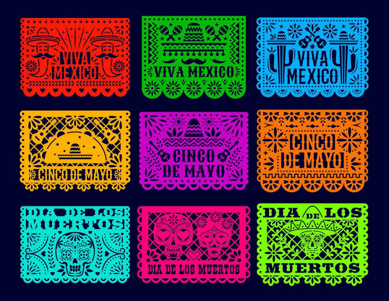 papel picado mexicain dia de los muertos drapeaux vecteur