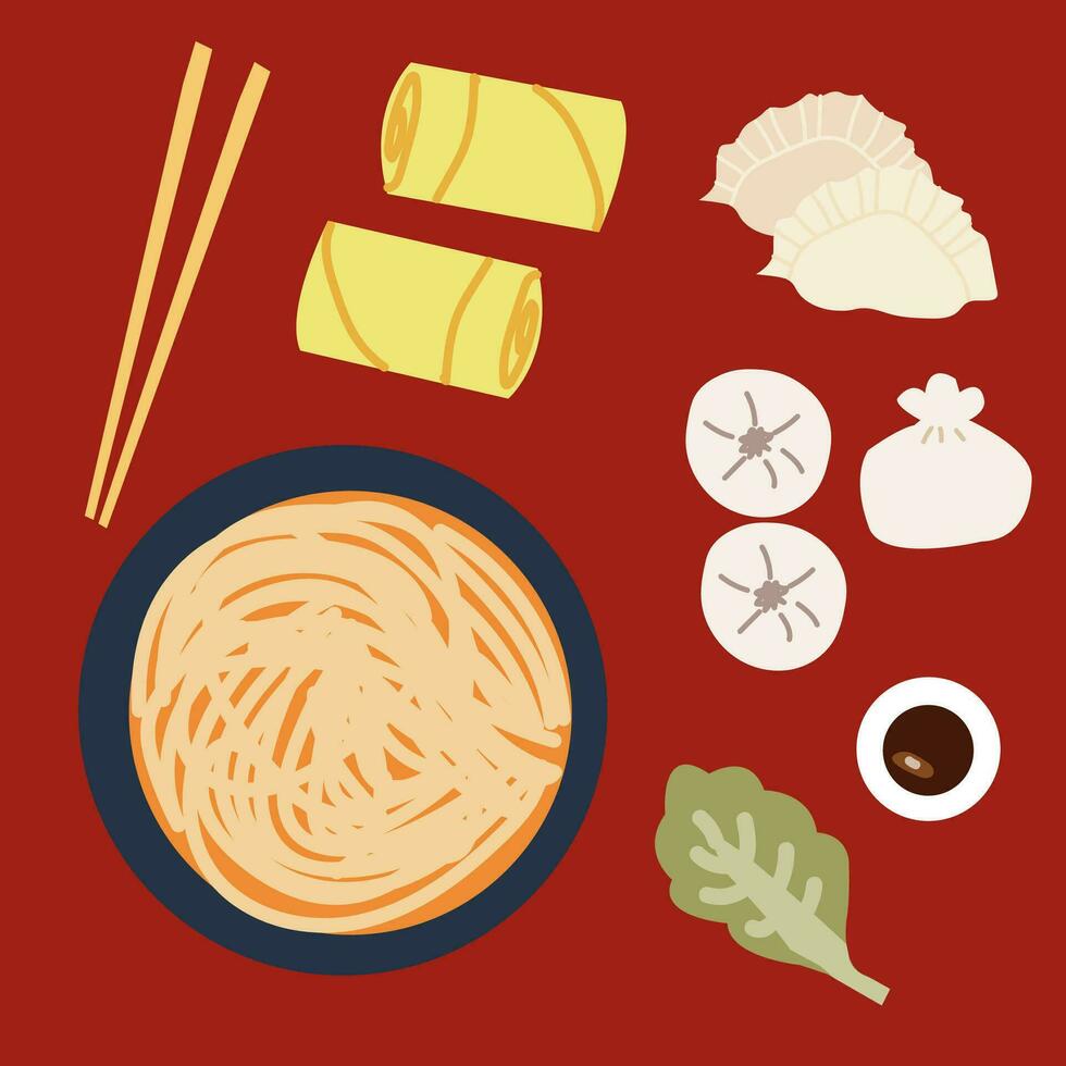 chinois nourriture avec nouilles et Dumplings et Oeuf Rouleaux sur une rouge Contexte. vecteur