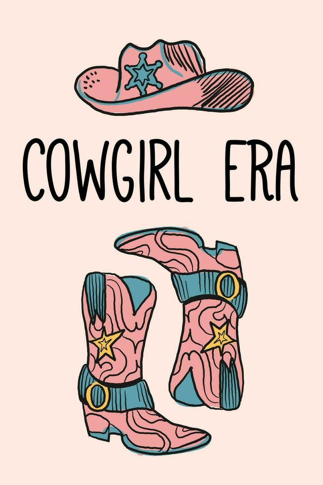 cow-girl bottes et chapeau. T-shirt conception de le coucher du soleil sauvage côté. illustration de cow-girl démarrage avec occidental chapeau vecteur conception.