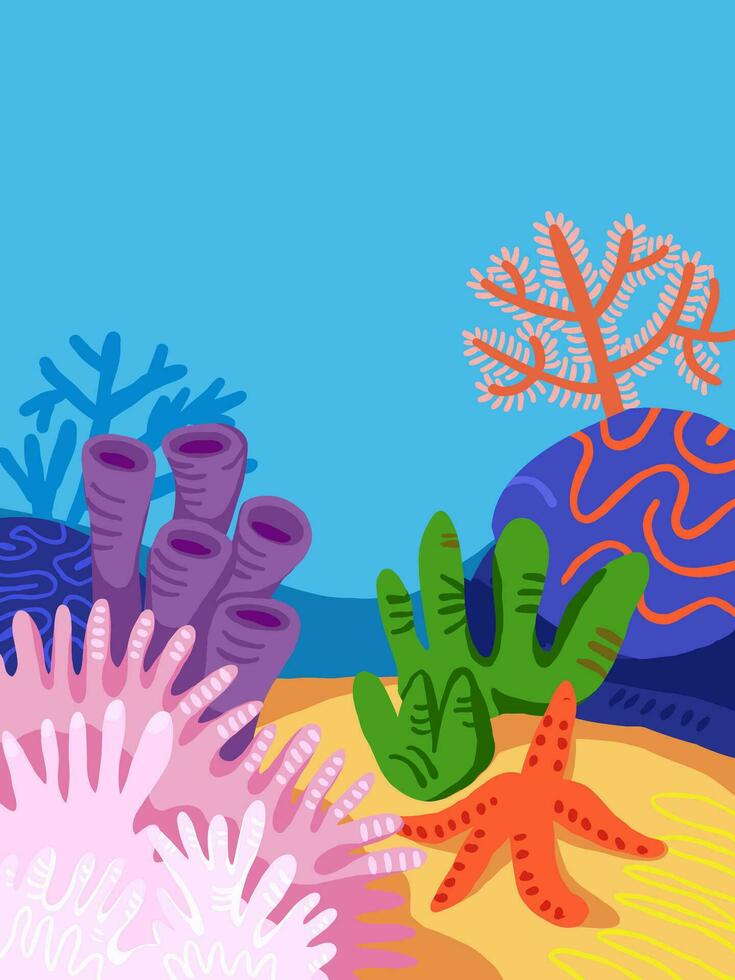 sous-marin scène Contexte avec corail lit, rochers, coraux, étoile de mer. des gamins illustration Contexte en dessous de le mer. corail reef Contexte dans dessin animé style vecteur