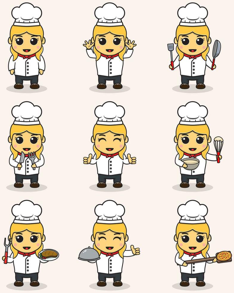 mignonne fille avec portant chef chapeau et uniforme. fille dans chef costume vecteur. enfant les professions ensemble. mignonne les enfants avec professionnel métiers vecteur illustration. plat vecteur illustration