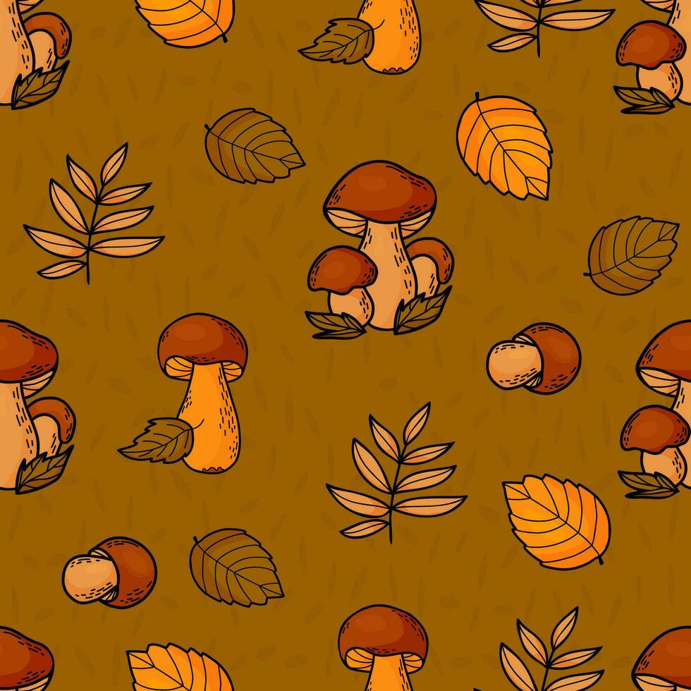 sans couture l'automne modèle. forêt champignons sur vert Contexte avec coloré l'automne feuilles. vecteur illustration .
