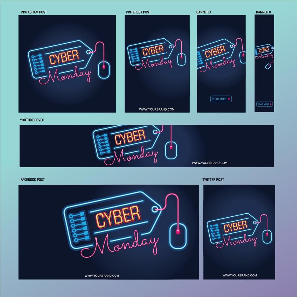 Cyber Monday social media post template with fluorescent lamps or neon style vecteur