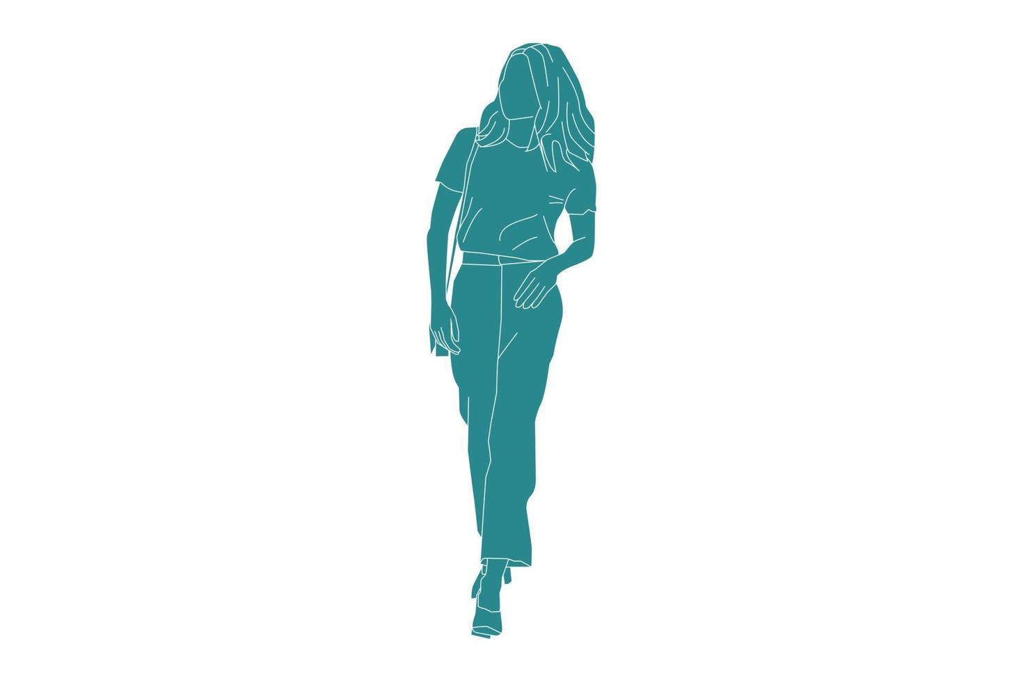 Vector illustration of casual woman walking on the sideroad, style plat avec contour