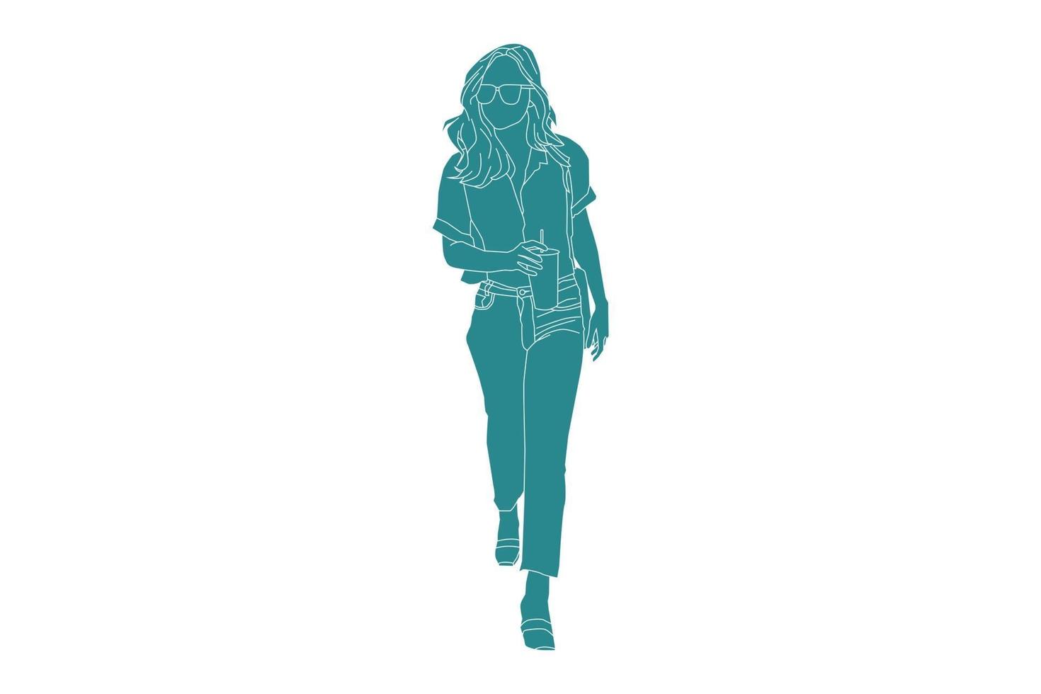 Vector illustration of casual woman posing, style plat avec contour