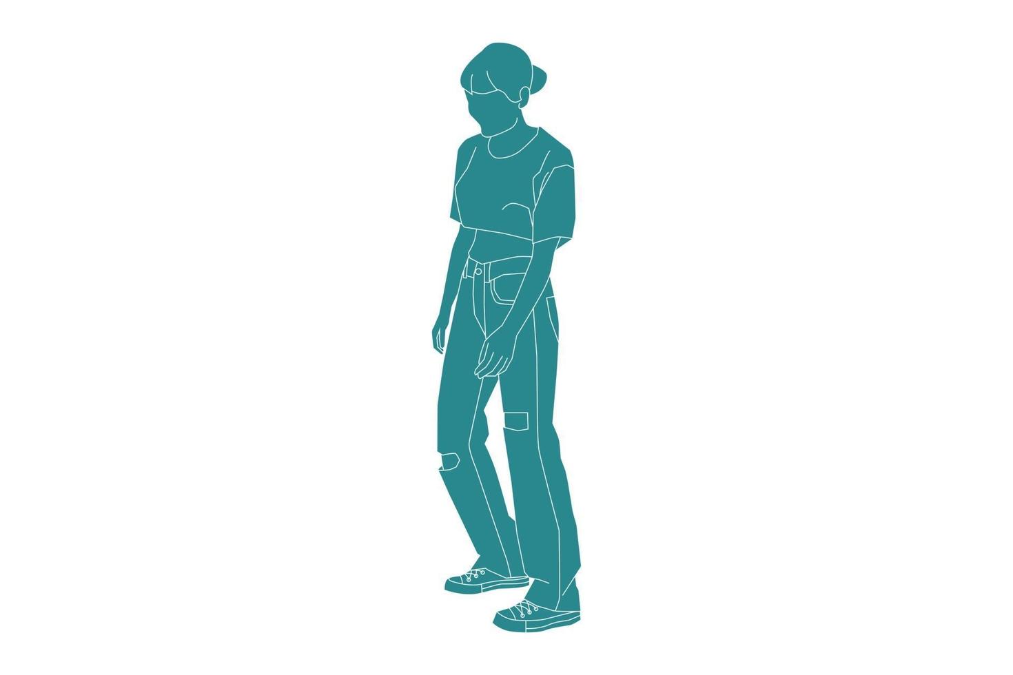 Vector illustration of casual woman posing, style plat avec contour