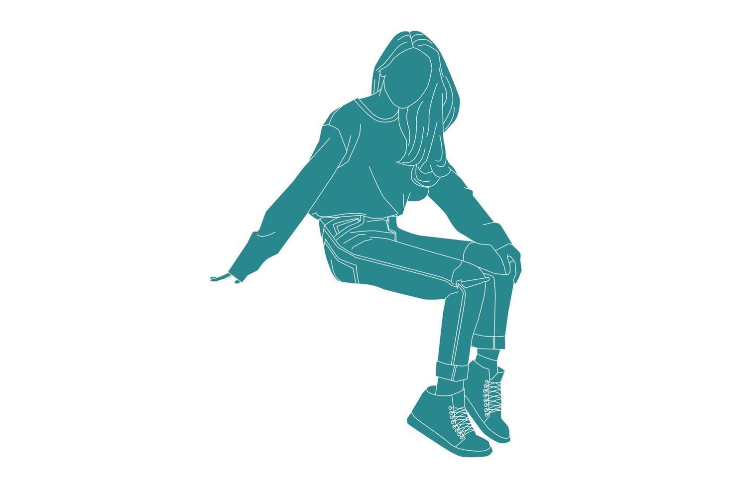 illustration vectorielle de femme à la mode est assise, style plat avec contour vecteur