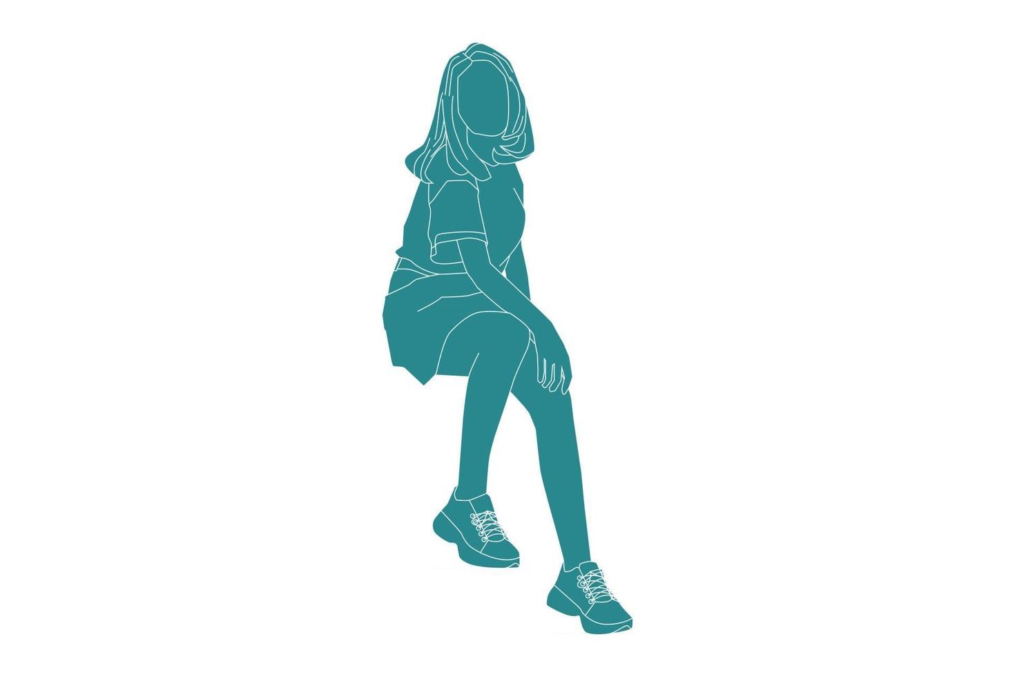 illustration vectorielle de femme décontractée est assise, style plat avec contour vecteur