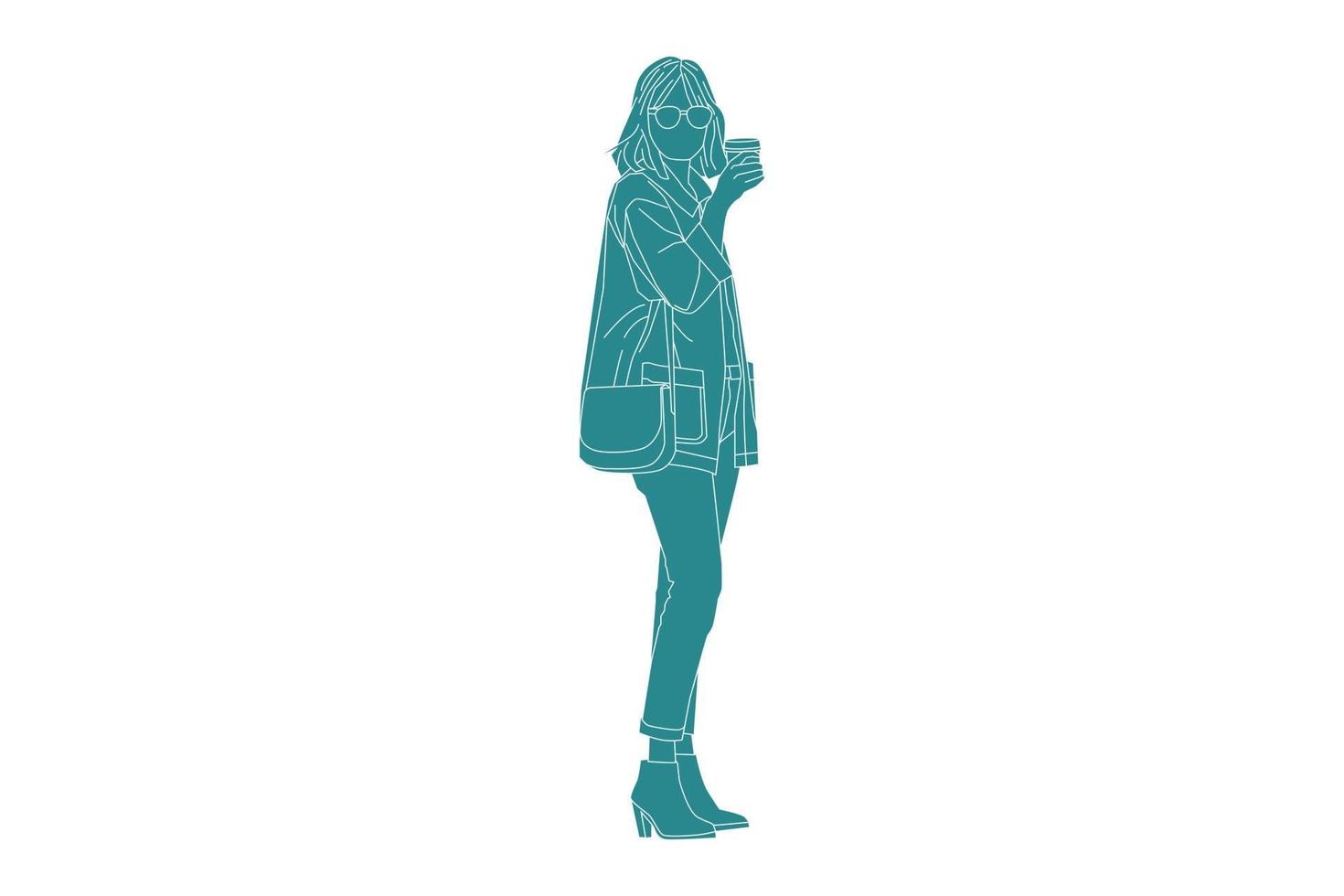 illustration vectorielle d'une femme décontractée sur le côté avec son café, style plat avec contour vecteur