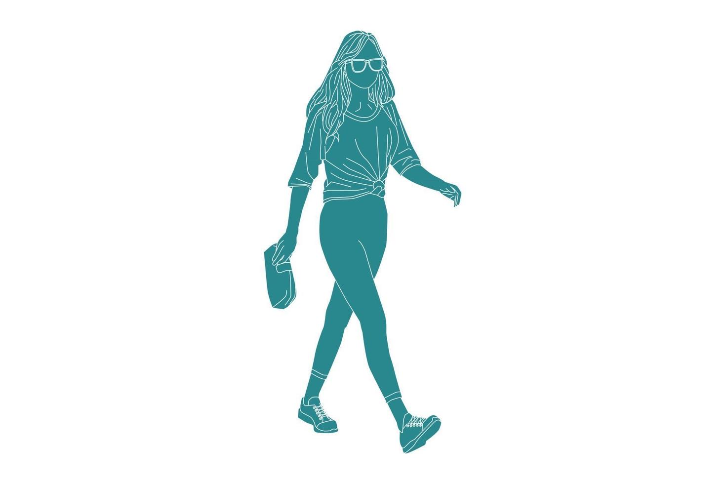 Vector illustration of casual woman on the sideroad, style plat avec contour