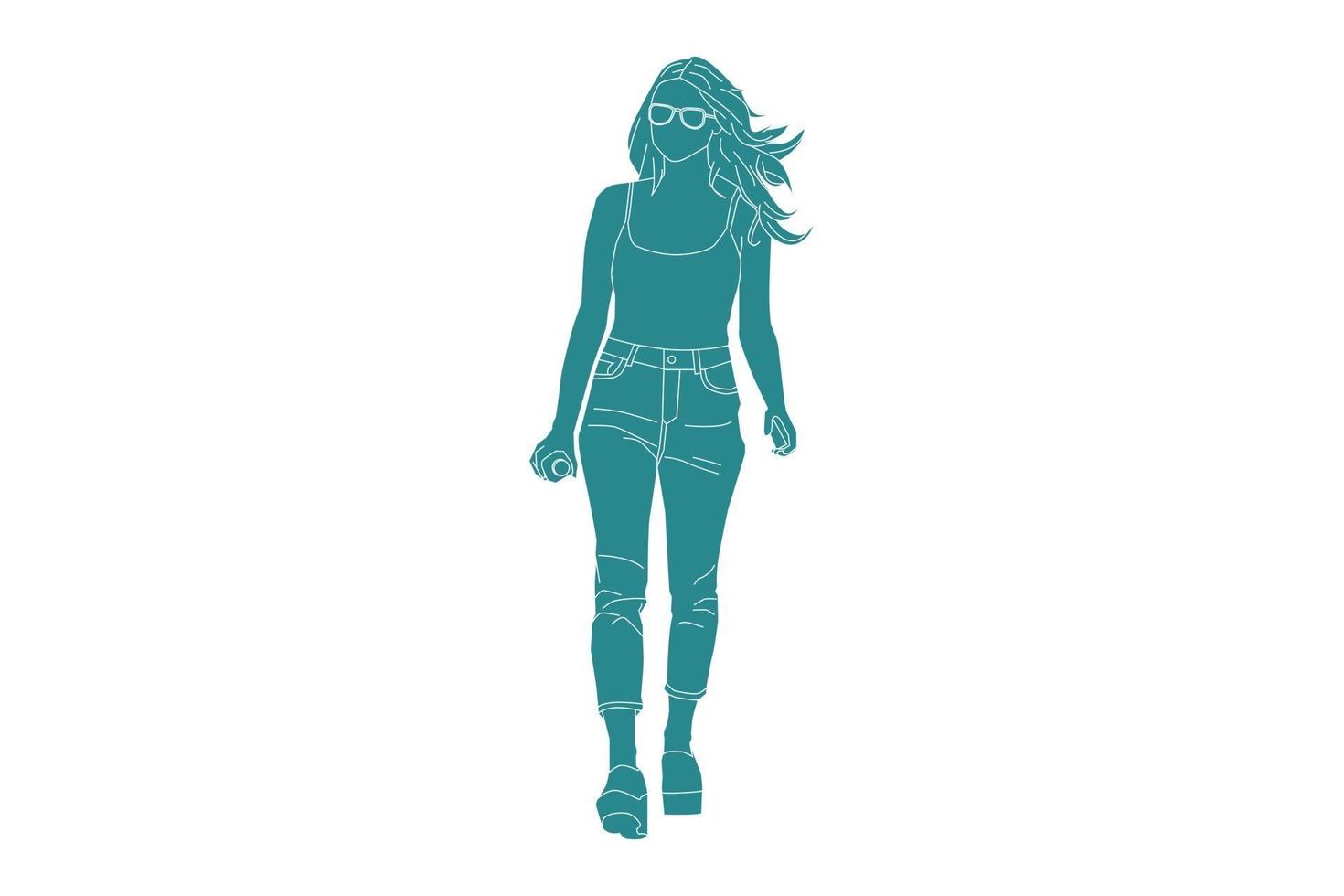 illustration vectorielle d'une femme décontractée marchant sur le trottoir avec son verre, style plat avec contour vecteur