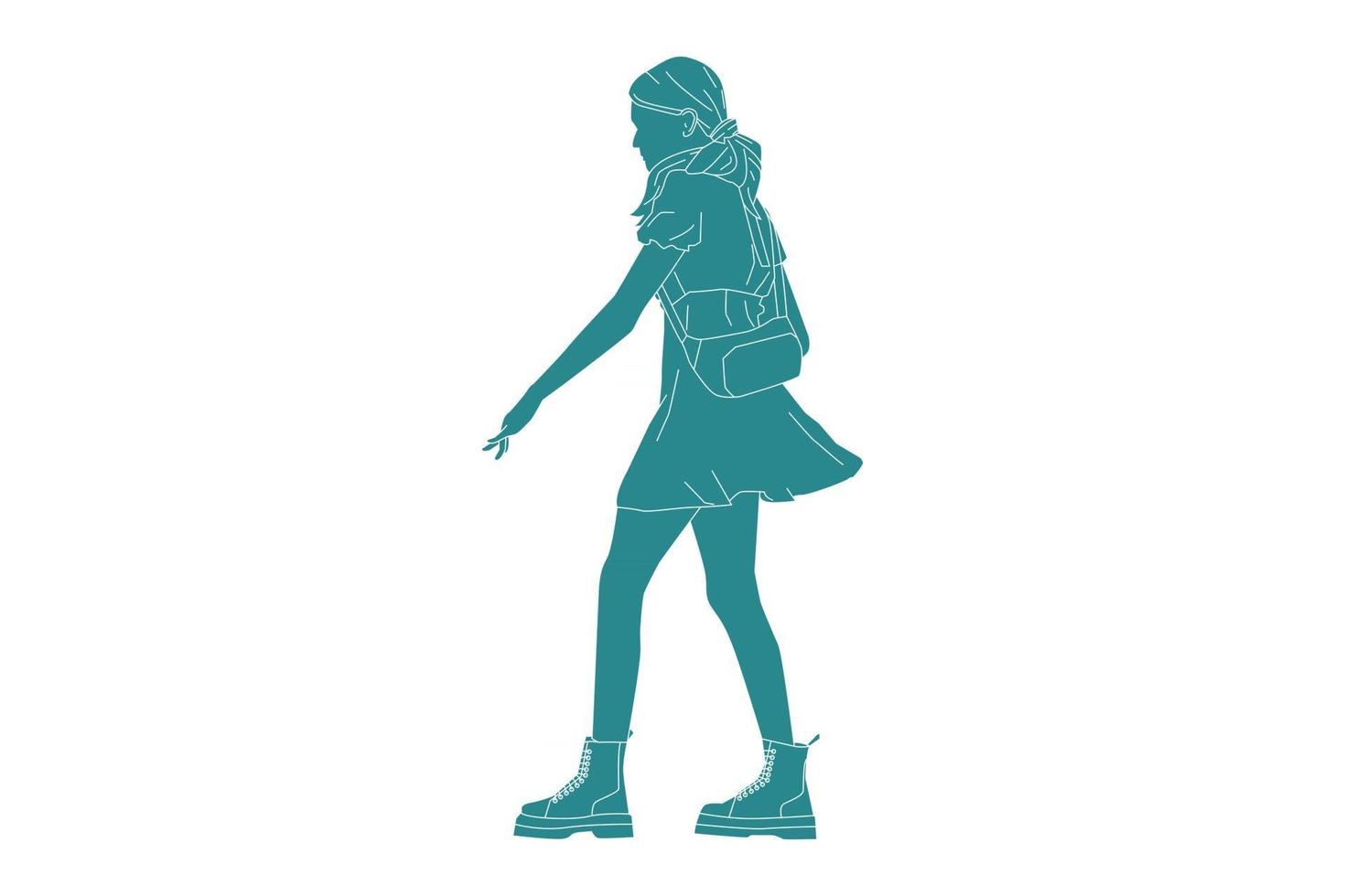 Vector illustration of casual woman walking on the sideroad, style plat avec contour