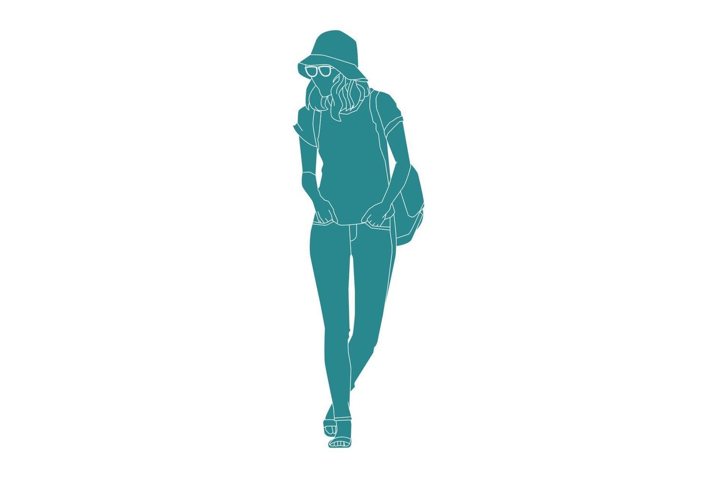 Vector illustration of casual woman walking on the sideroad avec seau chapeau, style plat avec contour