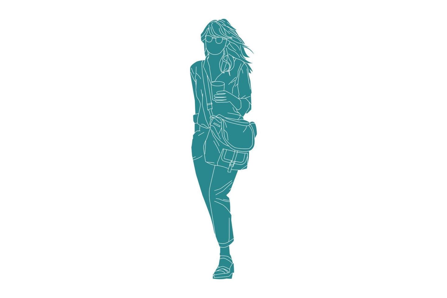 Vector illustration of casual woman walking on the sideroad apporter du café, style plat avec contour