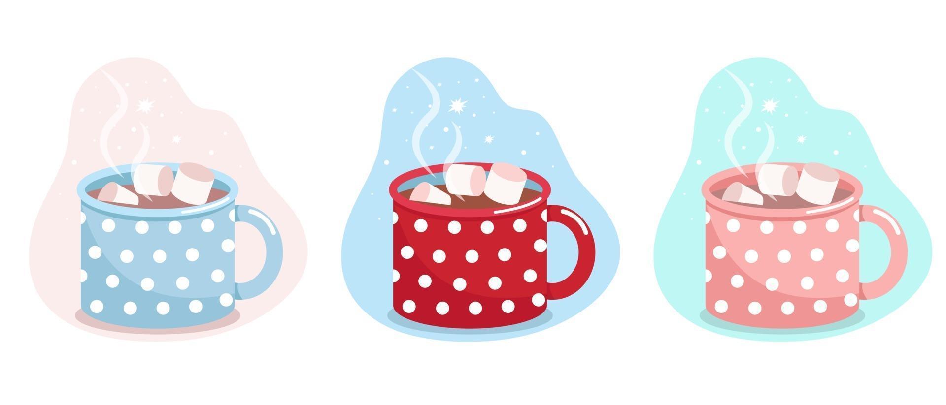 tasse avec du cacao et des guimauves, tasse bleue, rouge et rose à pois blancs, illustration vectorielle à plat, isolée, dessin animé vecteur