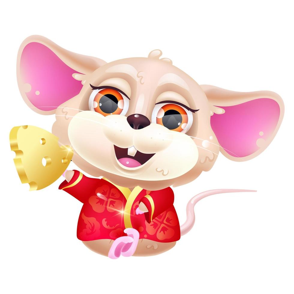 personnage de vecteur de dessin animé mignon souris kawaii assis. animal adorable et drôle en costume rouge national et morceau d'autocollant isolé en or, patch. nouvel An chinois. Anime bébé rat emoji sur fond blanc