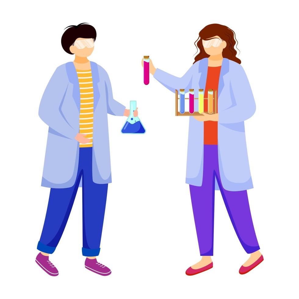 scientifiques en blouses de laboratoire illustration vectorielle plane. étudie la médecine, la chimie. mener une expérience. chimistes avec des tubes à essai, des personnages de dessins animés isolés de flacon de laboratoire sur fond blanc vecteur