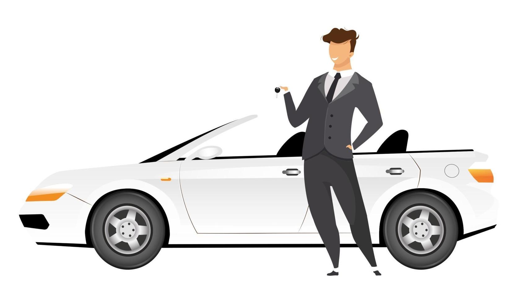 homme d'affaires debout en voiture caractère sans visage vecteur de couleur plate. homme souriant tenant les clés de la nouvelle illustration de dessin animé isolé cabriolet pour la conception graphique et l'animation Web. vendeur automobile souriant