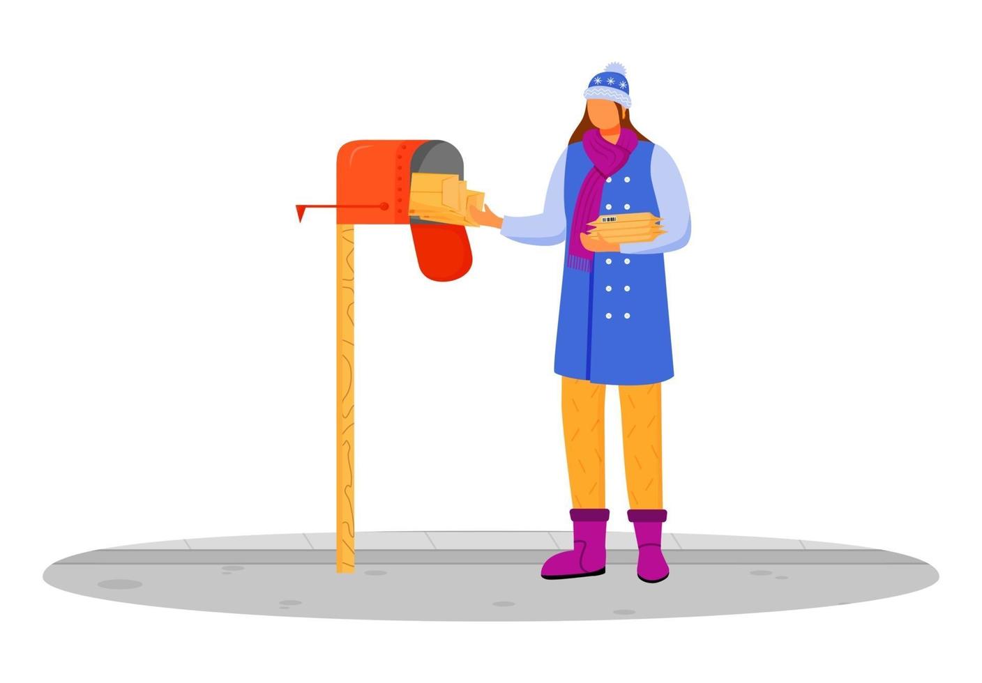 femme en vêtements d'hiver reçoit une illustration vectorielle de couleur à plat. obtenir le colis de la boîte aux lettres. service de livraison. Prendre des lettres de personnage de dessin animé isolé postbox sur fond blanc vecteur