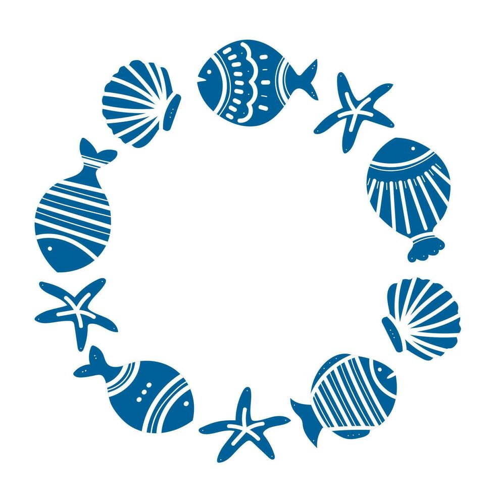 rond Cadre de ornemental poisson modèle. Cadre avec décorative bleu poisson. main tiré Marin des illustrations de poisson et mer éléments. été mer plage style. vecteur