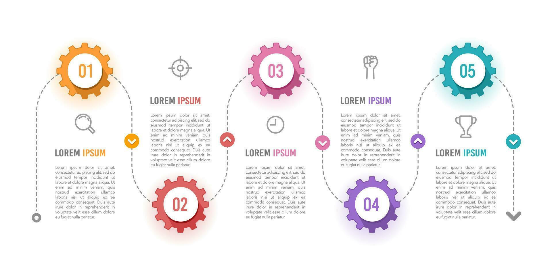 chronologie infographie conception roue dentée avec 5 pas à succès. vecteur illustration.