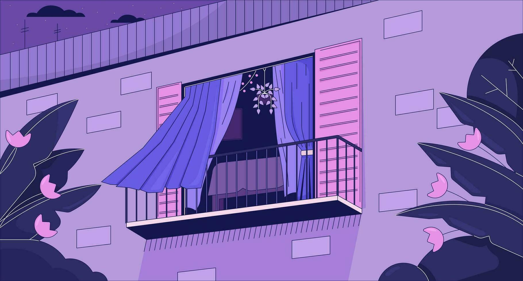 rideaux soufflant dans vent de ouvert fenêtre refroidissement lo Fi Contexte. balcon 2d vecteur dessin animé extérieur illustration, violet lofi fond d'écran bureau. le coucher du soleil esthétique Années 90 rétro art, rêveur ambiance