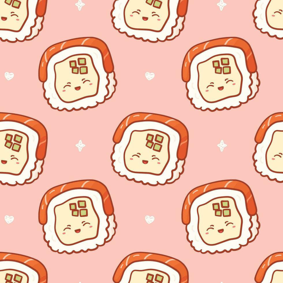 kawaii sans couture modèle avec Sushi rouleau avec marrant affronter. mignonne impression asiatique nourriture dans dessin animé style pour téléphone cas, arrière-plans, mode, emballage papier et textile. vecteur illustration