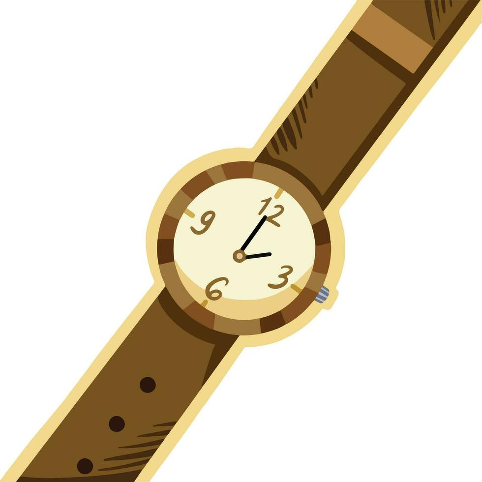 marron cuir main regarder 2 un m ou pm o l'horloge vecteur illustration isolé sur carré blanc Contexte. Facile plat dessin animé art stylé dessin.
