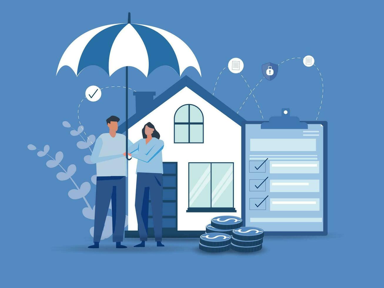 maison propriété assurance, couple rester en dessous de parapluie avec maison. vecteur Assurance et se soucier famille, maison sécurité en dessous de parapluie illustration