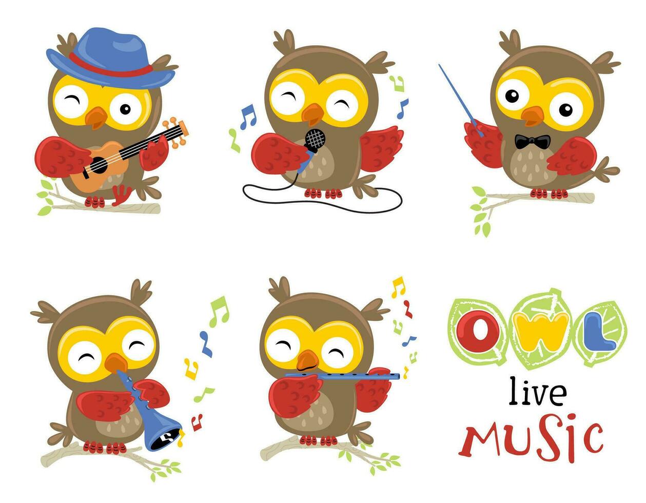 groupe de marrant hibou dessin animé illustration dans la musique performance vecteur