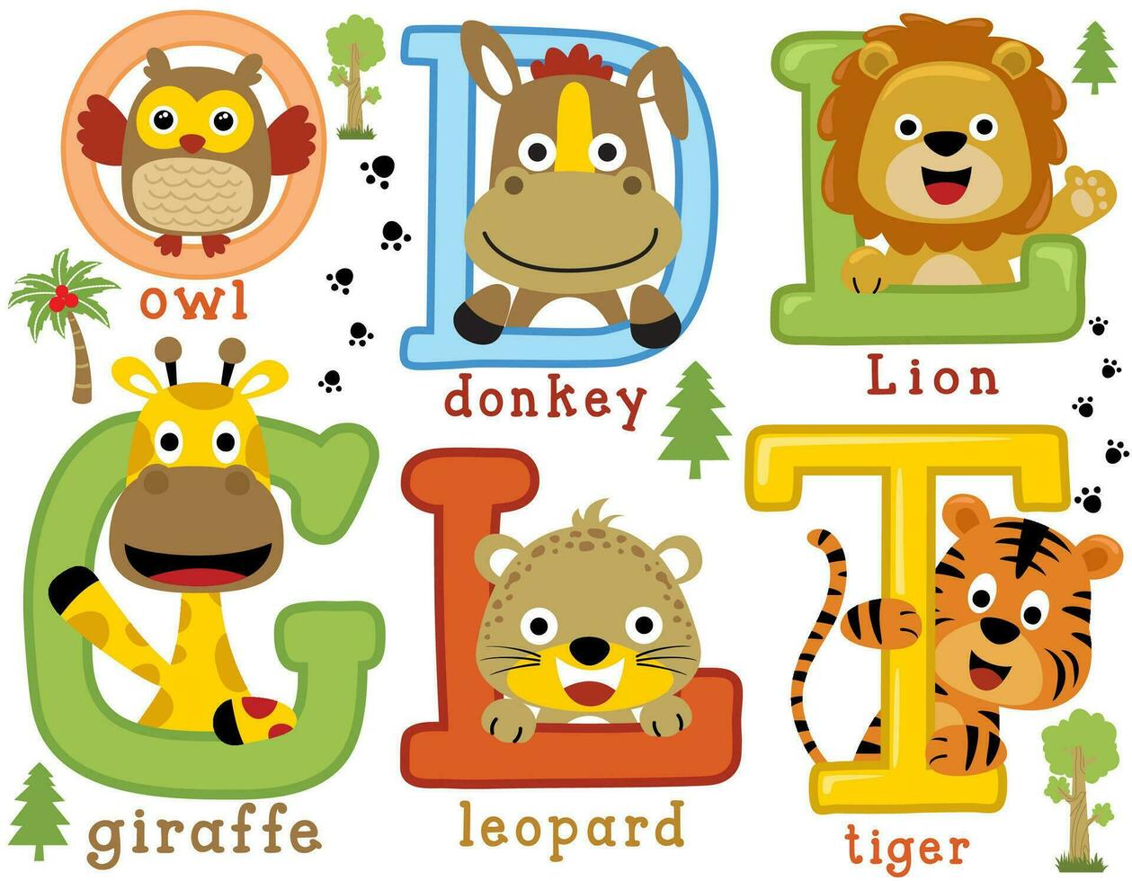 groupe de mignonne animaux dessin animé avec alphabet vecteur