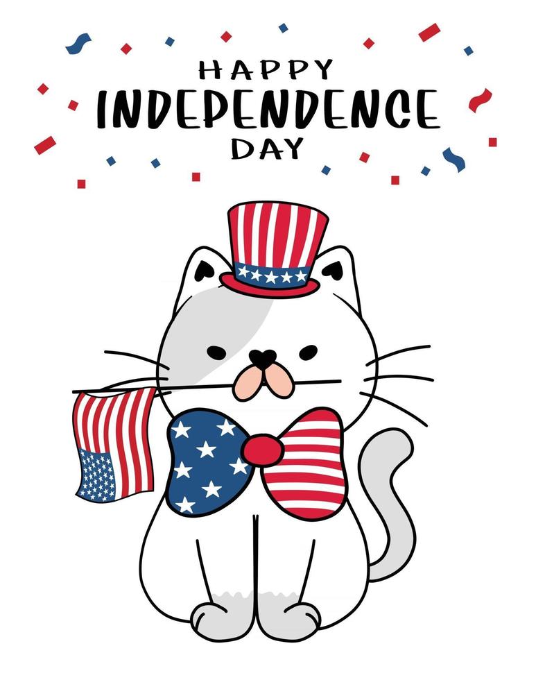 chat mignon 4 juillet fête de l'indépendance avec oncle sam hat et drapeau de l'amérique, dessin animé doodle flat vector illustration chaton