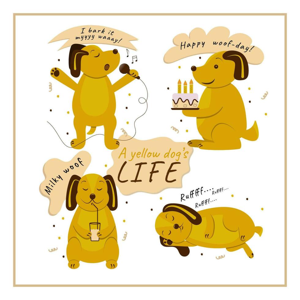 ensemble de une dessin animé chien Faire différent activités. en chantant chien, en buvant chien, en train de dormir chien, chien avec une anniversaire gâteau. karaoké chien. vecteur