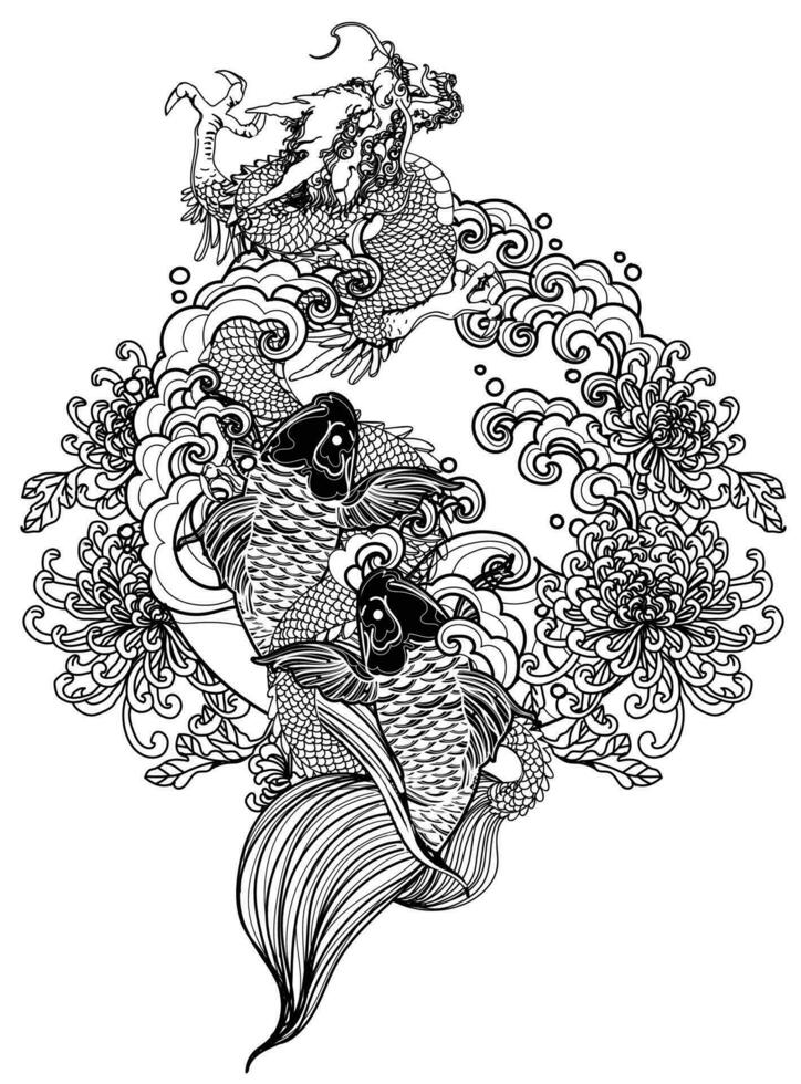 tatouage art dragonne et poisson main dessin esquisser vecteur