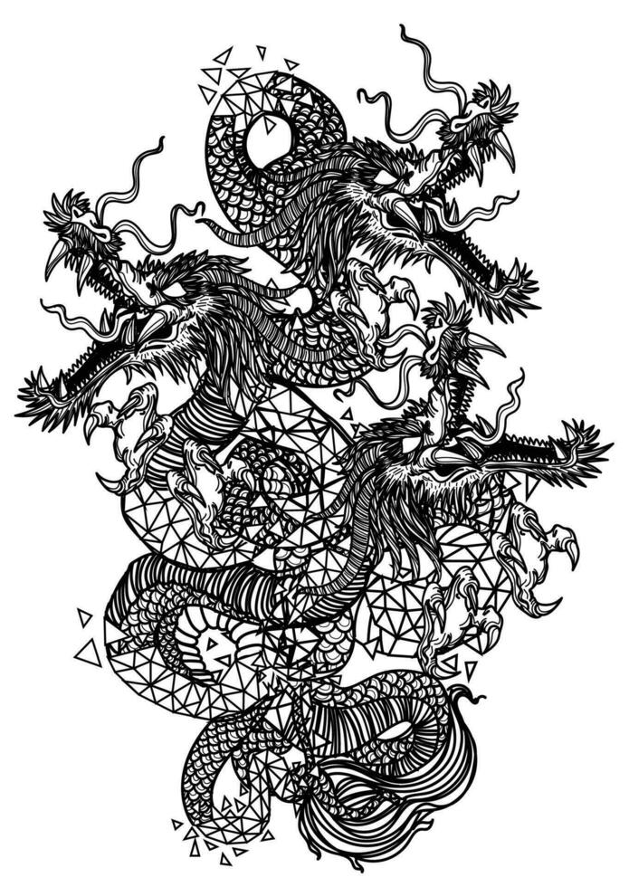 tatouage art Trois à tête dragon main dessin esquisser vecteur