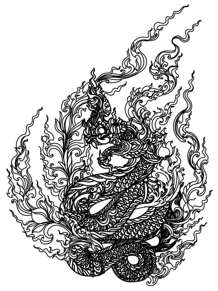 tatouage art thai dragon main dessin et croquis noir et blanc vecteur