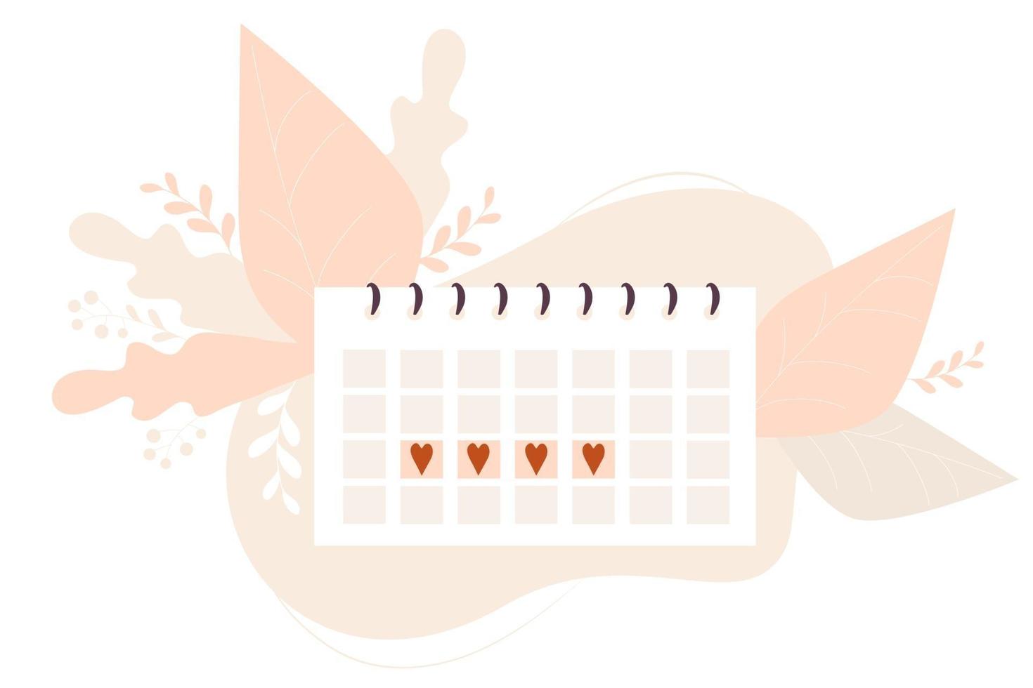 calendrier mensuel des menstruations pour femmes sur un fond décoratif de feuilles. illustration vectorielle. menstruation et concept de santé féminine vecteur