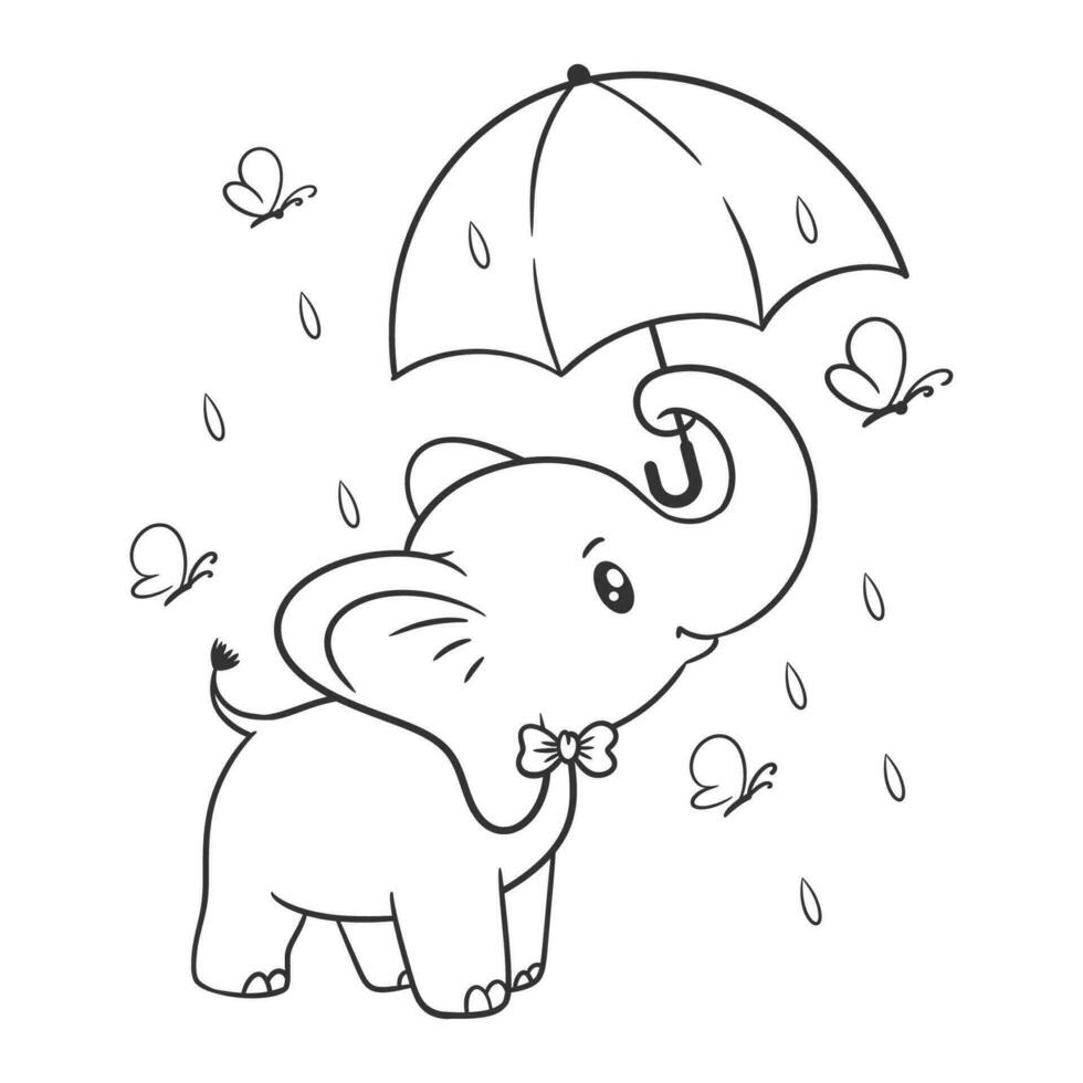 l'éléphant permanent en dessous de un parapluie dans pluvieux temps pour coloration vecteur