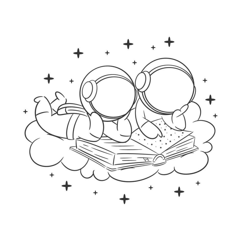 astronaute est en train de lire une livre avec copains pour coloration vecteur