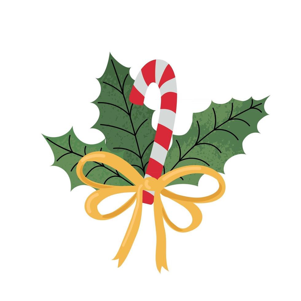 Vector illustration colorée de la canne de Noël avec un arc jaune et des feuilles de houx isolés sur fond blanc