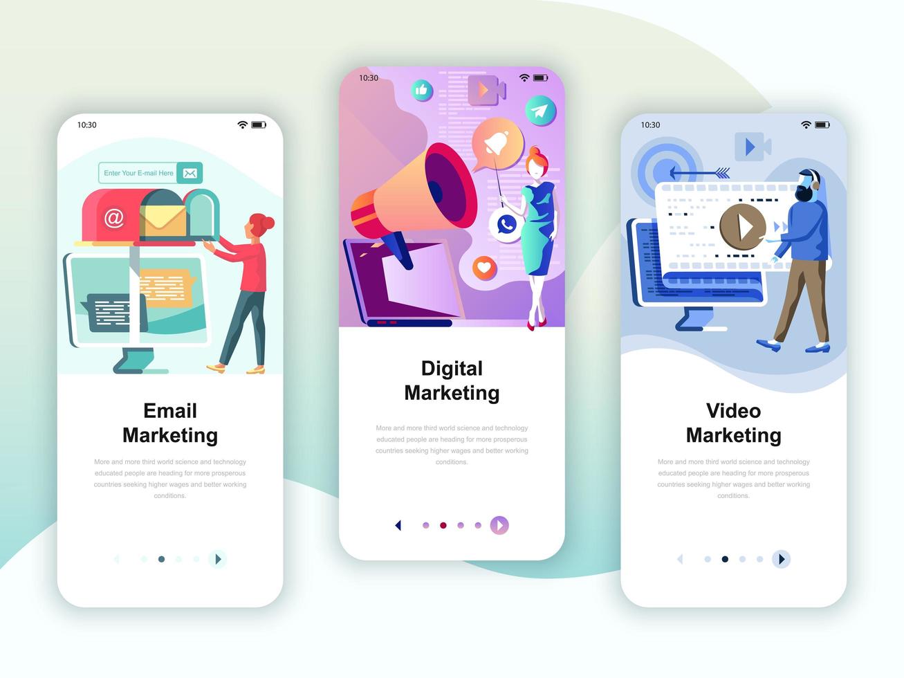 Set of onboarding screens user interface kit for Video, Email, Digital Marketing, mobile app templates concept. Modern UX, UI screen for mobile or responsive web site. Vector illustration.