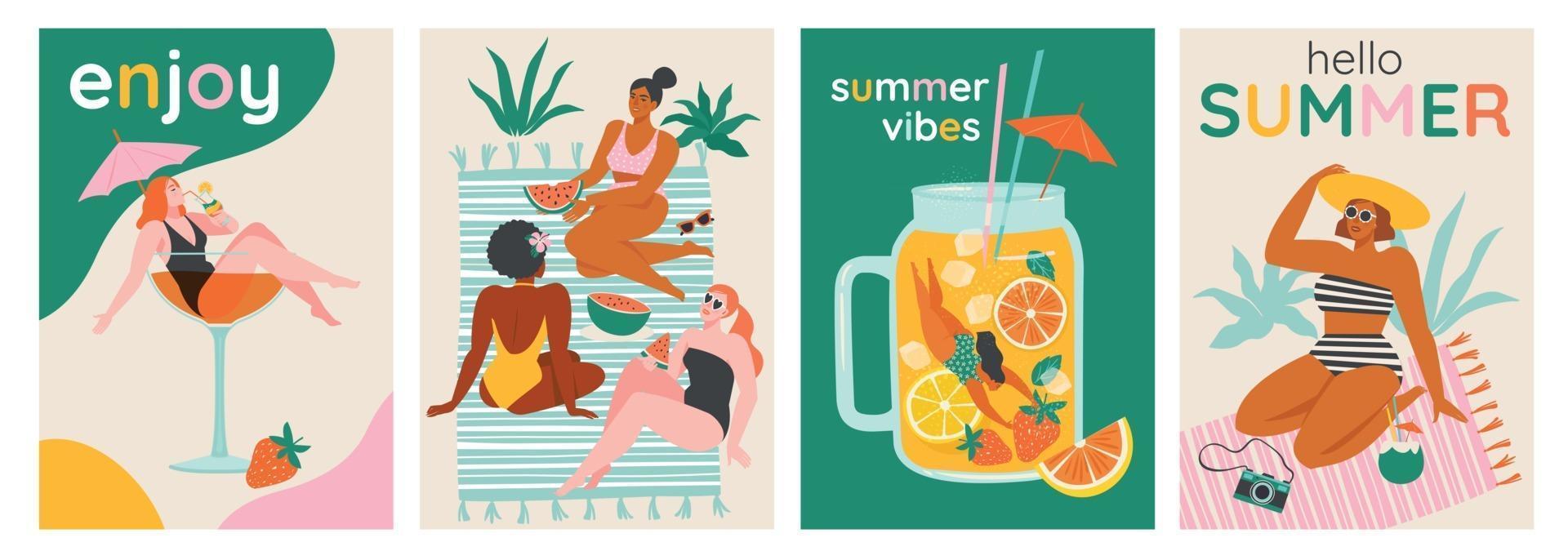 vue de dessus d'un fond d'été. nager l'été, nager, plonger dans un grand verre de cocktail ou de smoothie. les femmes se détendent à la plage. cartes vectorielles, illustration de conception d'affiches. vecteur