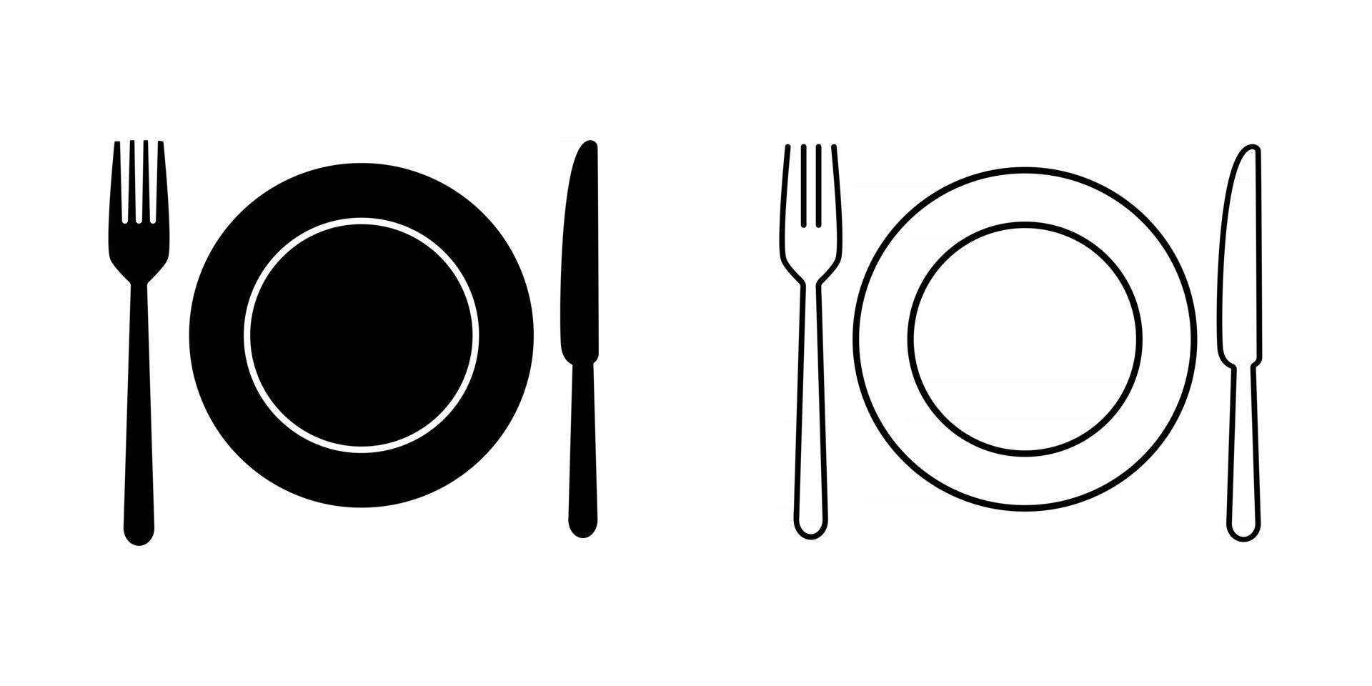ensemble d'icône d'assiette, de fourchette et de couteau vecteur
