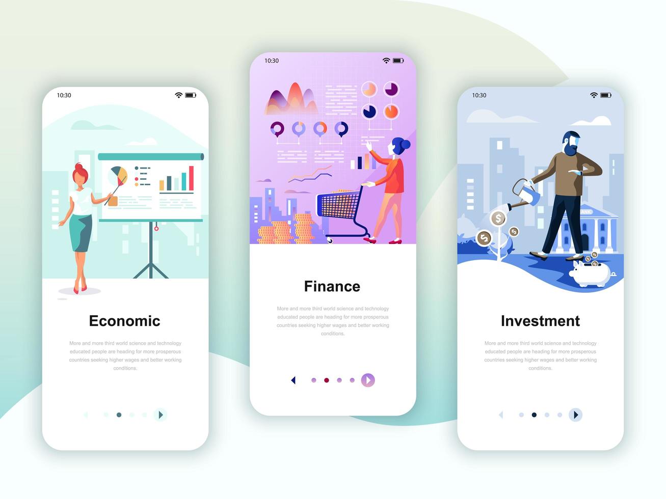 Set of onboarding screens user interface kit for Economics vecteur