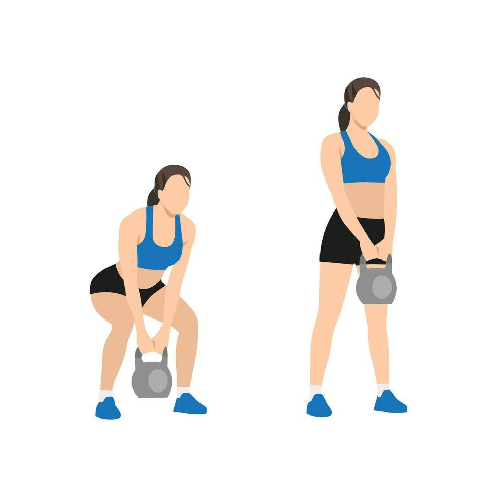 femme Faire kettlebell soulevé de terre exercer. plat vecteur illustration isolé sur blanc Contexte. faire des exercices personnage ensemble