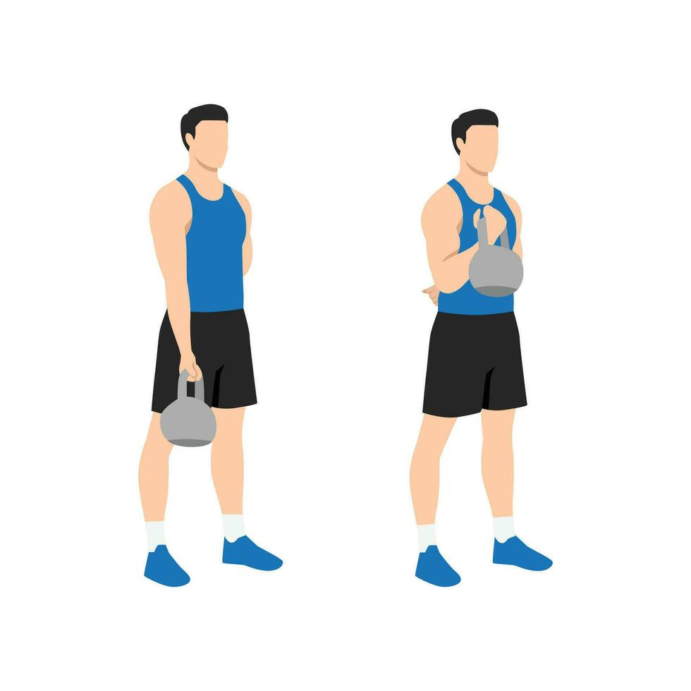 homme Faire biceps boucle avec kettlebell exercer. plat vecteur illustration isolé sur blanc Contexte