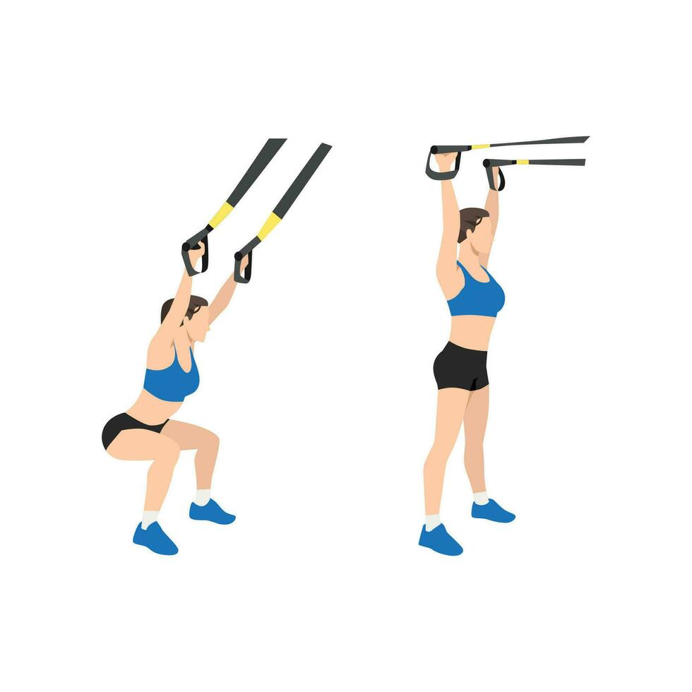 femme Faire trx suspension les bretelles aérien squats exercer. plat vecteur illustration isolé sur blanc Contexte