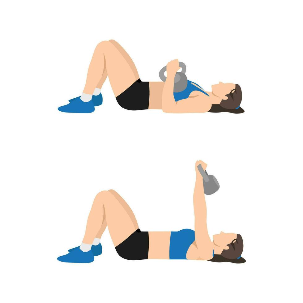 femme Faire Célibataire bras kettlebell sol presse exercer. plat vecteur illustration isolé sur blanc Contexte. faire des exercices personnage ensemble