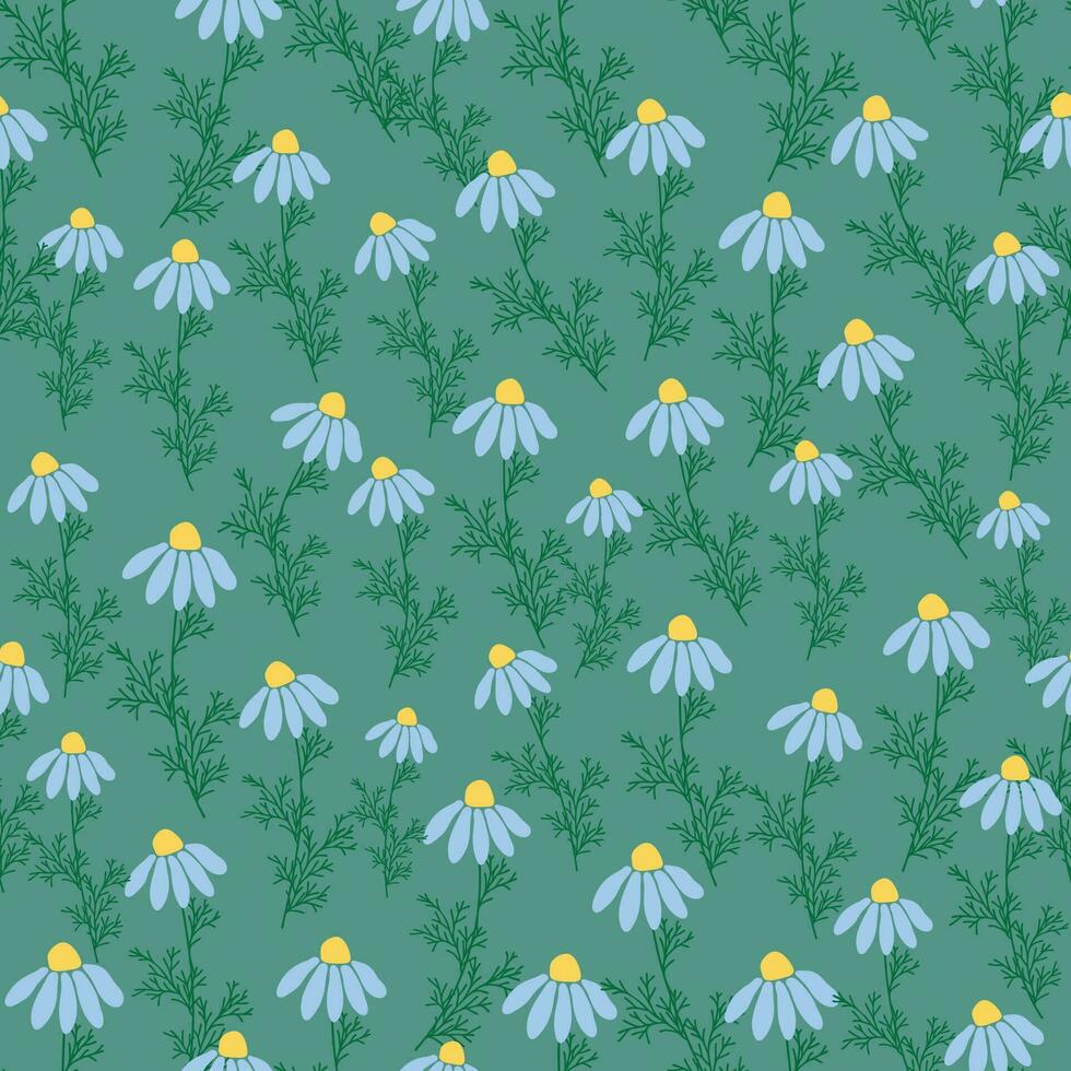 sans couture modèle Créatif floral impression avec camomille fleurs, feuilles dans main tiré style sur une bleu-turquoise Contexte vecteur