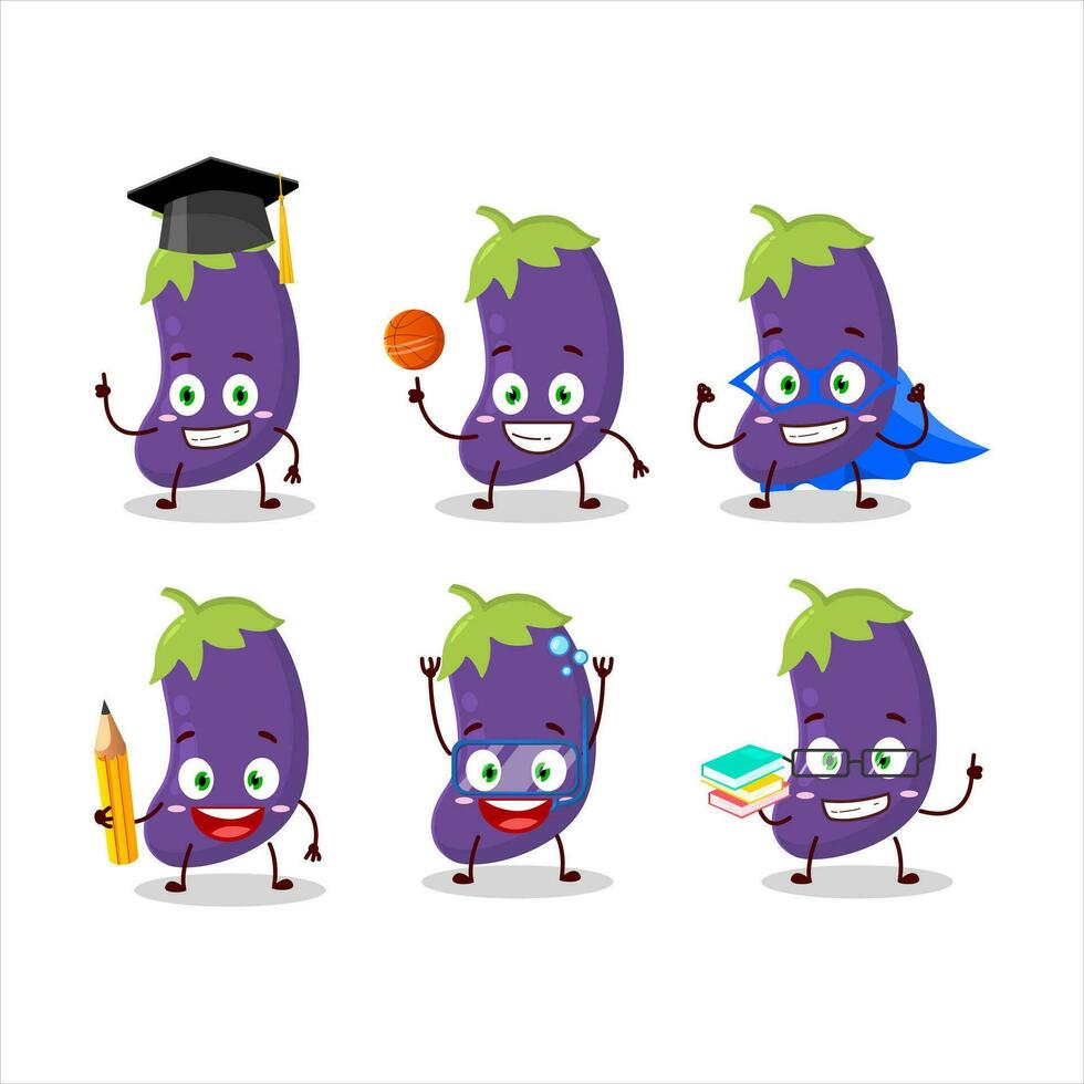 école étudiant de aubergine dessin animé personnage avec divers expressions vecteur